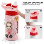 Bouteille d'Eau Personnalisée avec Personnage Fleur de Naissance et Nom Gobelet avec Paille et Couvercle Cadeau Rentrée des Classes pour Fille Garçon