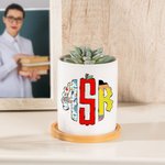 Personalisierte Doodle Apfel Bleistift Monogramm Design Pflanzgefäß Topf mit Namen und Bambus Tablett Lehrer Tag Wertschätzung Geschenk für Lehrer