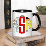 Personalised Doodle Apple Pencil Monogram 11oz Ceramic Coffee Mug with Name Teacher's Day Appreciation Back To School Gift for Teacher