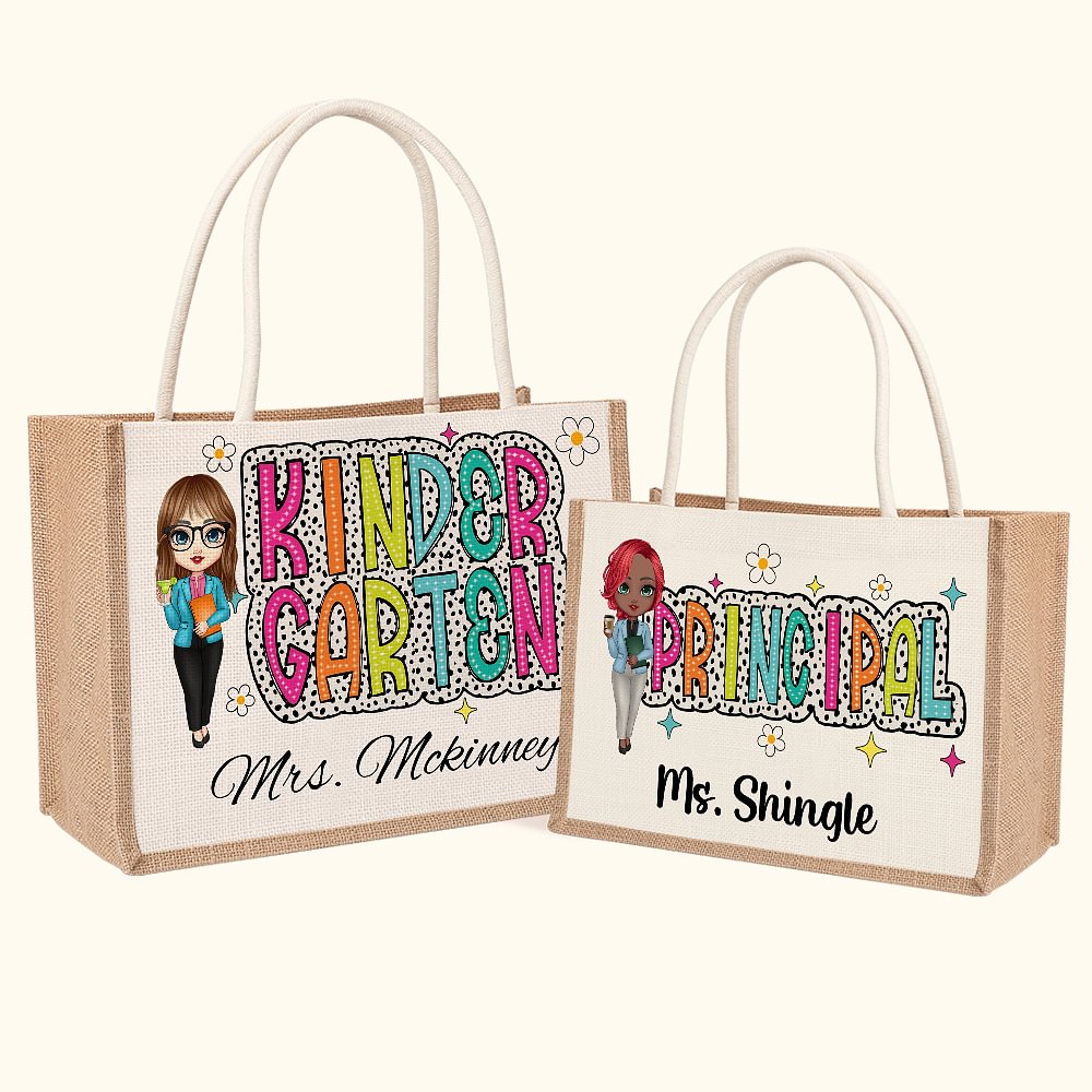 Sac en Toile de Jute Personnalisé avec Personnage et Nom Cadeau Remerciement pour Professeur
