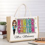 Personalised Cute Cartoon Teacher Dalmatian Dots Jute Tote Bag with Name Back to School Appreciation Gift for Teacher