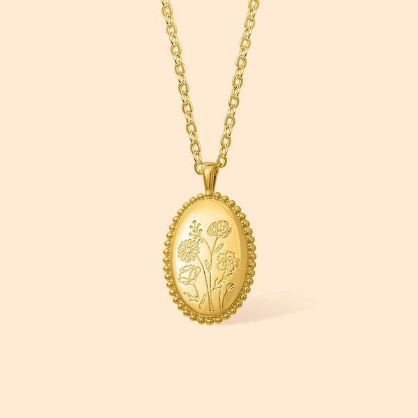 Personalised Retro Birth Flower Bouquet Oval Pendant Necklace Dainty Engraved Jewellery Birthday Anniversary Mother's Day Gift for Women