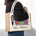 Personalised Cute Cartoon Teacher Dalmatian Dots Jute Tote Bag with Name Back to School Appreciation Gift for Teacher