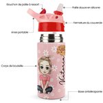 Bouteille d'Eau Personnalisée avec Personnage Fleur de Naissance et Nom Gobelet avec Paille et Couvercle Cadeau Rentrée des Classes pour Fille Garçon