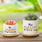Personalized Cute Pencil-inspired Letters Ceramic Succulent Plant Pot with Name and Bamboo Base Back to School Appreciation Gift for Teacher