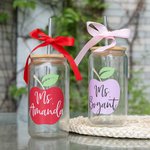 Personalisierte Lehrer Apfel 16oz Glas Becher mit Bambus Deckel Stroh und Band zurück zu Schule Wertschätzung Geschenk für Lehrer