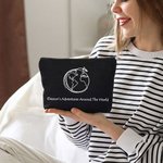 Personalised World Map Adventure Heart Airplane Route Canvas Makeup Bag with Name Travel Accessory Honeymoon Birthday Gift for Women Travel Lover