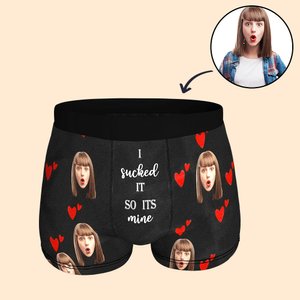 Personalized Face Photo Boxer Brief with Love Hearts I Sucked It So Its Mine Funny Quote Men's Underwear Valentine's Day Birthday Gift for Him
