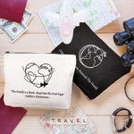 Personalised World Map Adventure Heart Airplane Route Canvas Makeup Bag with Name Travel Accessory Honeymoon Birthday Gift for Women Travel Lover