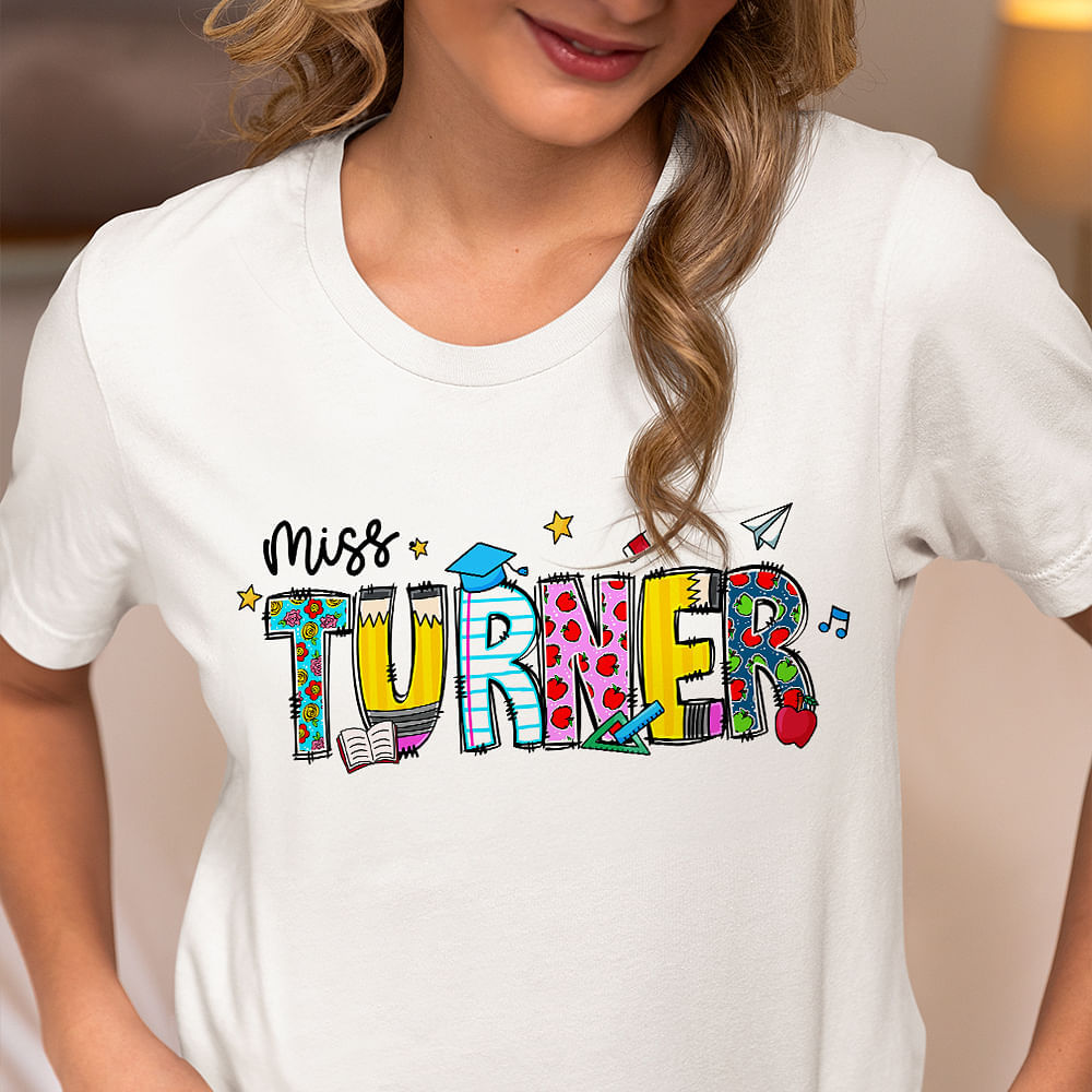 Personalized Cute Pencil Apple Ruler Doodle Design 100% Cotton T-shirt ...