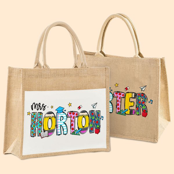 Personalized Cute Pencil Apple Large Jute Tote Bag with Text Teacher's Day Back to School Gift for Teacher