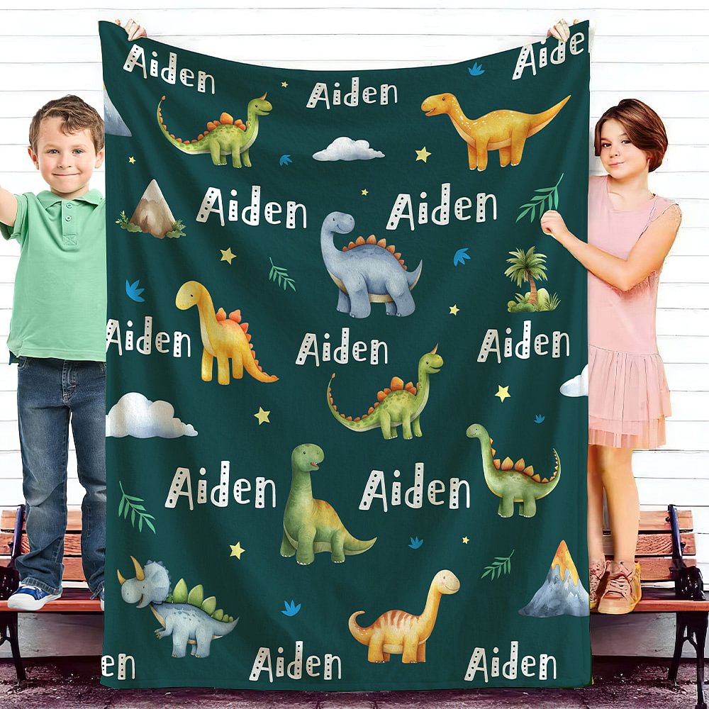 Couverture Douce Personnalisée avec Nom Motif Dinosaures Cadeau d'Anniversaire Rentrée Scolaire pour Garçon Fille