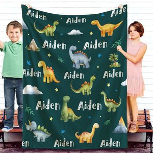 Coperta personalizzata a tema dinosauri con nome, regalo di compleanno, baby shower e ritorno a scuola per bambini e bambine.
