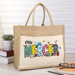 Personalised Cute Pencil Apple Large Jute Tote Bag with Text Teacher's Day Back to School Gift for Teacher