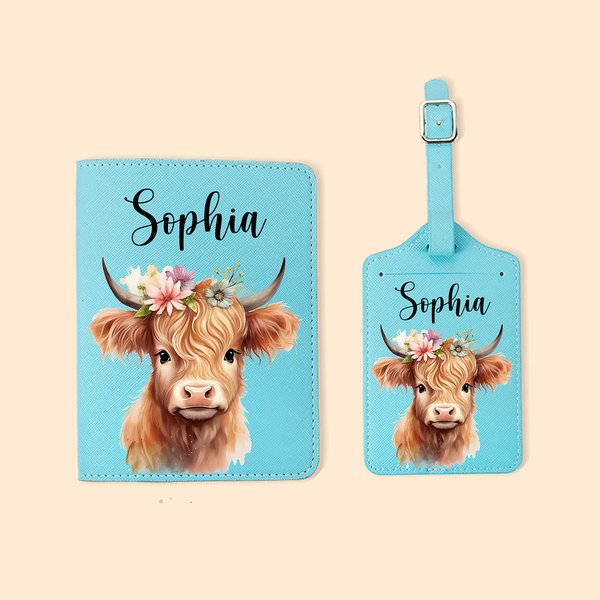 Portapassaporto personalizzato in pelle di mucca delle Highlands, set di etichette per i bagagli con nome Accessori da viaggio Regalo di compleanno pe
