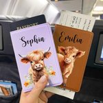 Étiquette de Bagage ou Porte-Passeport Personnalisé avec Nom Accessoire de Voyage en Cuir Cadeau Anniversaire pour Amoureux de Vache Highland