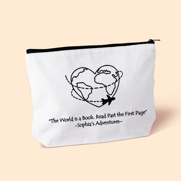 Personalisierte Weltkarte Abenteuer Herz Flugzeug Route Canvas Kosmetiktasche mit Namen Reisezubehör Flitterwochen Geburtstag Geschenk für Frauen Reis