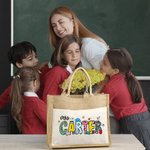 Personalised Cute Pencil Apple Large Jute Tote Bag with Text Teacher's Day Back to School Gift for Teacher