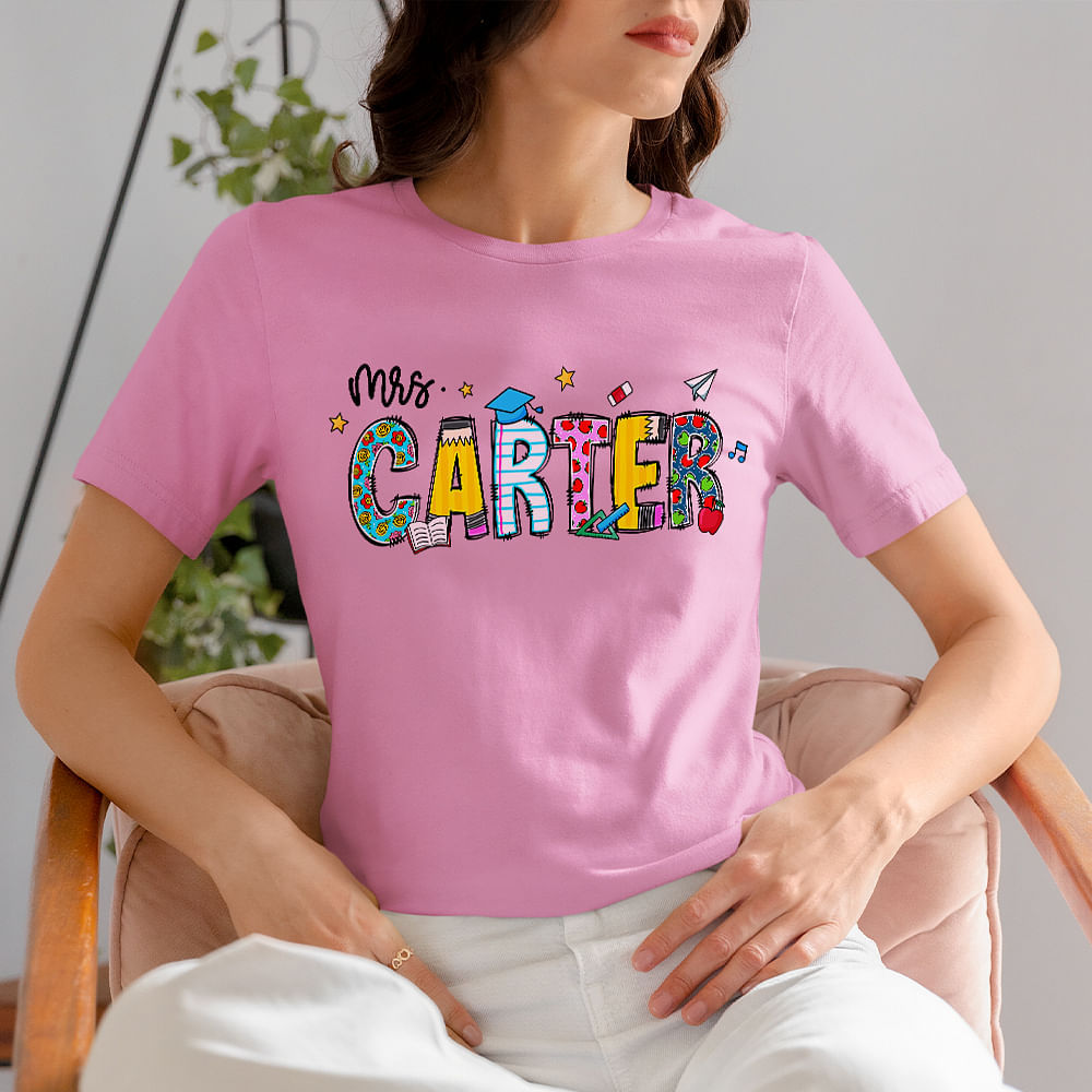 Personalized Cute Pencil Apple Ruler Doodle Design 100% Cotton T-shirt ...