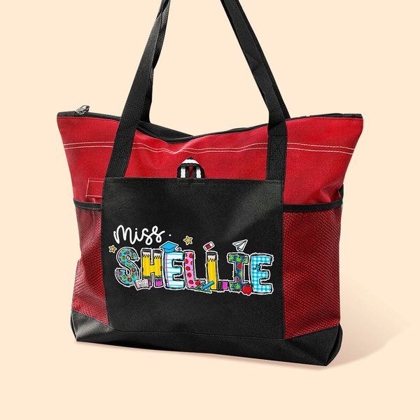 Taccuino personalizzato con matita e mela, con scarabocchio floreale e lettera con cerniera Tote Bag Back to School Miss Teacher Appreciation Gift per le donne