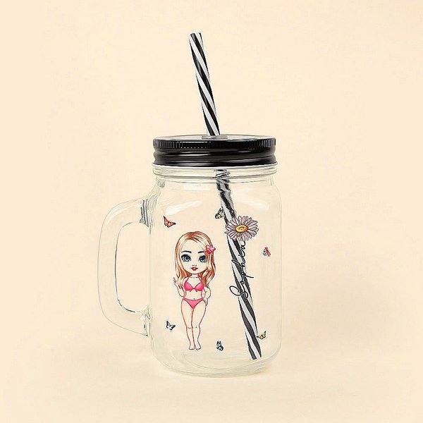Personalised Cute Cartoon Girl Birth Flower 16oz Name Mason Jar with Handle Lid and Straw Beach Party Birthday Gift for Women