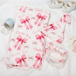 Personalized Pink Bow Soft Swaddle Blanket Knot Hat Headband Set  with Name Coming Home Outfit Baby Shower Gift for Newborns