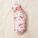 Personalized Pink Bow Soft Swaddle Blanket Knot Hat Headband Set  with Name Coming Home Outfit Baby Shower Gift for Newborns