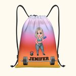 Personalized Cartoon Fitness Girl Design Water Resistant Drawstring Backpack with Name Gym Workout Birthday Gift for Sports Travel Lovers