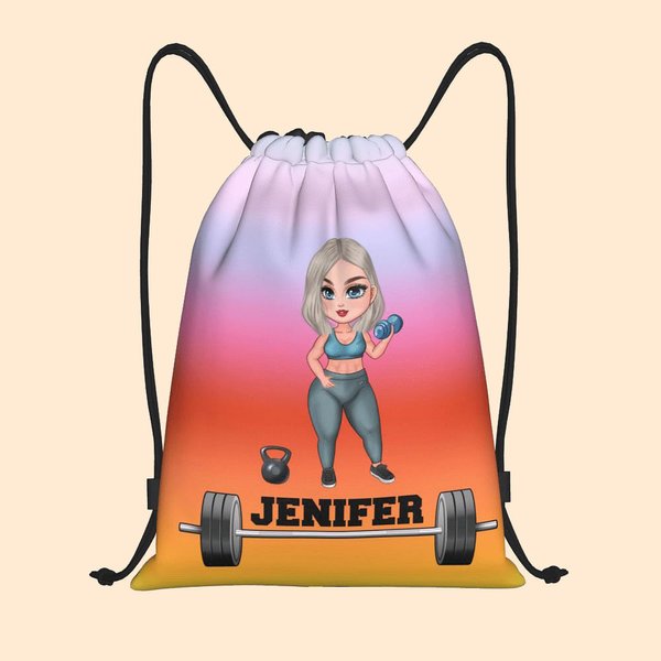 Mochila de cordón con nombre personalizada de dibujos animados con diseño de chica en forma Resistente al agua Gimnasio Entrenamiento Cumpleaños Regal