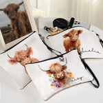 Personalizzato floreale Highland Cow Linen Wristlet Makeup Bag con nome Regalo di compleanno per le donne amanti delle mucche Highland