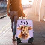 Personalised Cute Floral Highland Cow Luggage Protective Cover with Name Fits 18-32 Inches Suitcase Travel Essentials Vacation Gift for Travel Lovers