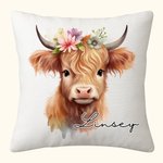 Funda Almohada Floral Vaca Highland Personalizada con Nombre Decoración del Hogar Regalo de Cumpleaños para los Amantes de las Vacas Highland