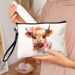 Personalizzato floreale Highland Cow Linen Wristlet Makeup Bag con nome Regalo di compleanno per le donne amanti delle mucche Highland