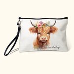 Personalizzato floreale Highland Cow Linen Wristlet Makeup Bag con nome Regalo di compleanno per le donne amanti delle mucche Highland