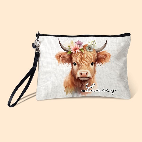 Personalizada Floral Highland Vaca Bolsa de Lino para Maquillaje con Nombre Regalo de Cumpleaños para Mujeres Amantes de las Vacas Highland