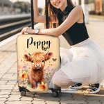 Personalised Cute Floral Highland Cow Luggage Protective Cover with Name Fits 18-32 Inches Suitcase Travel Essentials Vacation Gift for Travel Lovers