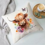 Funda Almohada Floral Vaca Highland Personalizada con Nombre Decoración del Hogar Regalo de Cumpleaños para los Amantes de las Vacas Highland