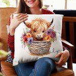 Funda Almohada Floral Vaca Highland Personalizada con Nombre Decoración del Hogar Regalo de Cumpleaños para los Amantes de las Vacas Highland