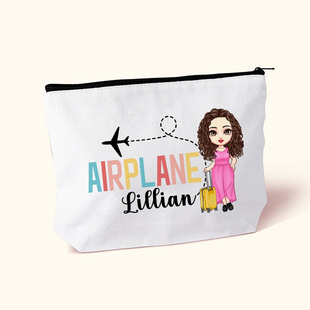 Personalizzato Cute Female Cartoon Character Airplane Canvas Makeup Bag con nome Birthday Travel Essentials Gift per gli amanti dei viaggi