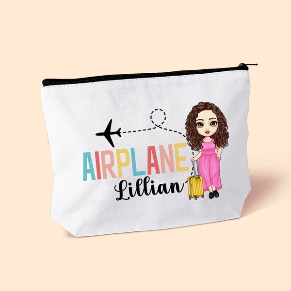 Personalisierte niedliche weibliche Cartoon-Charakter Flugzeug Canvas Makeup Tasche mit Namen Geburtstag Reise Essentials Geschenk für Travel Lovers