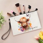 Personalizzato floreale Highland Cow Linen Wristlet Makeup Bag con nome Regalo di compleanno per le donne amanti delle mucche Highland