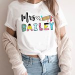 Personalised Happy First Day of School 100% Cotton Name T-shirt with Cute Pencil Apple Design Teacher's Day Back To School Gift for Teacher