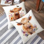 Funda Almohada Floral Vaca Highland Personalizada con Nombre Decoración del Hogar Regalo de Cumpleaños para los Amantes de las Vacas Highland