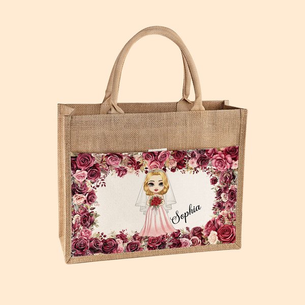 Personalized Reusable Floral Front Pocket Jute Tote Bag with Name Wedding Bridal Shower Gift for Women