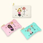 Personalised Cute Cartoon Character Linen Makeup Bag with Birth Flower and Name Travel Accessories Birthday Bridal Party Gift for Women Girls