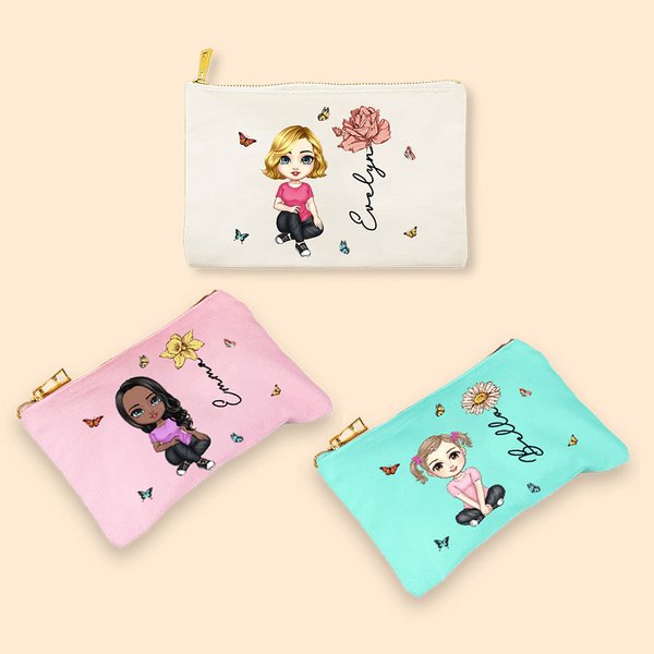 Gepersonaliseerde Leuke Cartoon Karakter Linnen Make-up tas met Geboorte Bloem en Naam Reis Accessoires Verjaardag Bruids Party Gift voor Vrouwen Meis