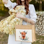 Personalized Cute Watercolour Highland Cow Large Jute Tote Bag with Name and Cotton Pocket Birthday Gift for Highland Cow Lovers