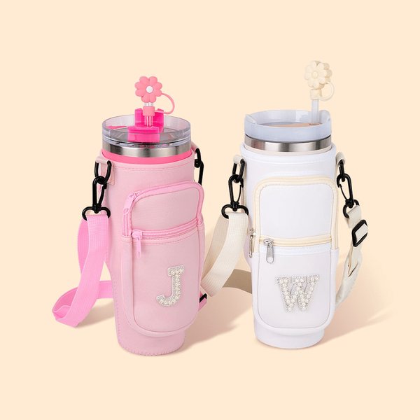 Perla personalizzata iniziale Bottiglia d'acqua Borsa Pouch per 40 oz Stanley Tumbler con cinghia regolabile e topper di paglia Regalo di compleanno p