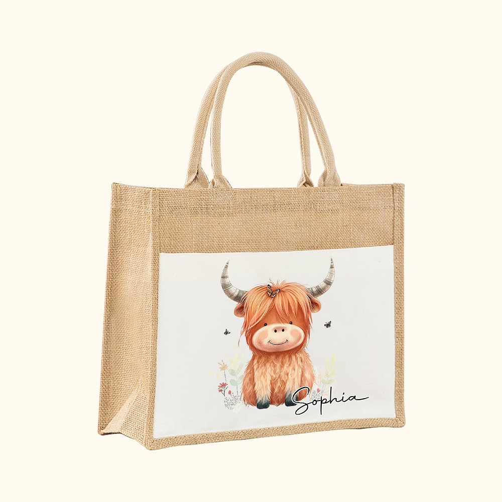 Sac en toile de jute avec nom et pochette en coton Cadeau d'anniversaire pour les amoureux des vaches des Highlands