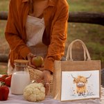 Personalized Cute Watercolour Highland Cow Large Jute Tote Bag with Name and Cotton Pocket Birthday Gift for Highland Cow Lovers